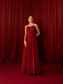 Qunic - Celina Maroon Gown with Hand Embroidery