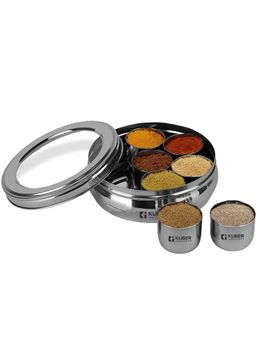 Kuber Industries - 7 in 1 Belly Shape Masala Box I 7 Containers & Spoon I Silver, Large (1250 ml)
