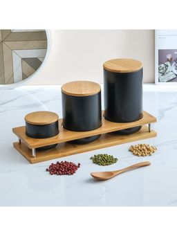 Kuber Industries - Kitchen Storage Jar Airtight Bamboo Lid 3 Piece Set 260 800 1000 ML Black
