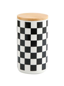 Kuber Industries - Kitchen Storage Jar Airtight Bamboo Lid Square Pattern 1000 ML Black-White