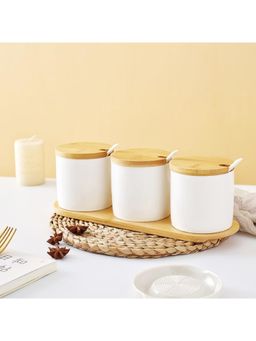 Kuber Industries - Kitchen Storage Box Spoon and Wooden Tray Spice Container Set of 3 250 ML White
