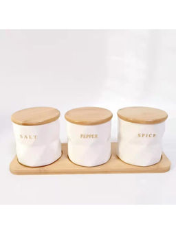 Kuber Industries - Kitchen Storage Box Spoon and Wooden Tray Spice Container Set of 3 300 ML White