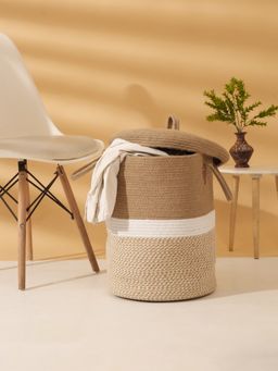 HOSTA HOMES - Jute Cotton Hand Woven Laundry Hamper with Cover