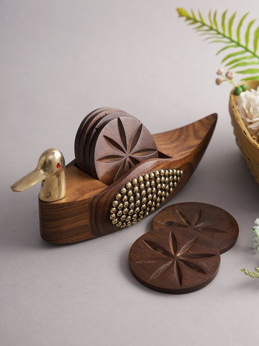 AAPNO RAJASTHAN Set of 4 Wooden Coasters with Bird Shape Holder