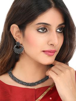 Yellow Chimes - Ethnic Handcrafted Studded Black Stones Choker Necklace Set