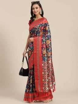 Silk Land - Banarasi Art Silk Floral Printed Saree with Unstitched Blouse Piece Navy Blue