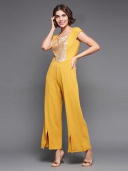 Miss Chase - Mustard & Golden Embellished Regular Jumpsuit