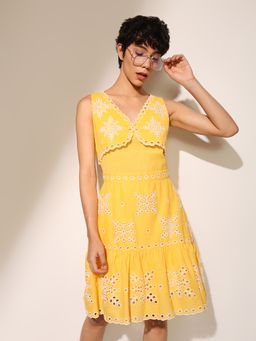 ONLY - Women'S Self Design Fit and Flare Yellow Dress
