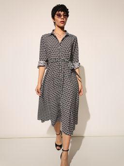 ONLY - Women'S Abstract Print Fit and Flare Black Dress