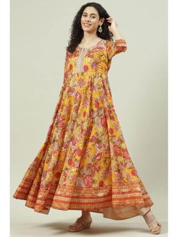 Biba - Mustard Art Silk Cotton Flared Fusion Wear