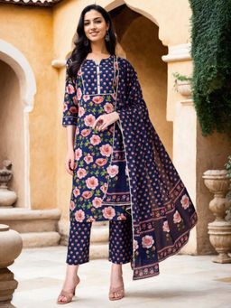 Gahan - Cotton Floral Printed with Lace Work Navy Blue Kurta Pant & Dupatta (Set of 3)