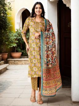 Gahan - Cotton Floral Printed with Lace Work Mustard Kurta Pant & Dupatta (Set of 3)
