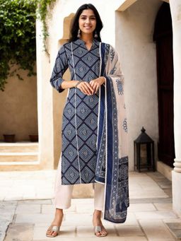 Gahan - Cotton Geometric & Paisley Printed Navy Blue Kurta Pant & Printed Dupatta (Set of 3)