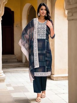 Gahan - Organza Yoke Embroidered & Geometric Printed Teal Kurta Pant & Dupatta (Set of 3)