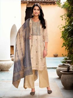 Gahan - Chanderi Cotton Yoke Embroidered & Sequinned Beige Kurta Pant & Dupatta (Set of 3)