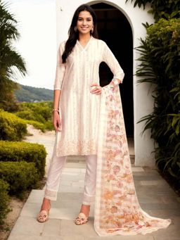 Gahan - Chanderi Cotton Floral Embroidered Off White Kurta Pant & Printed Dupatta (Set of 3)