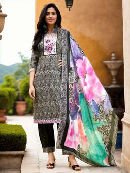 Gahan - Cotton Sequinned Embellished & Floral Printed Black Kurta Pant & Dupatta (Set of 3)