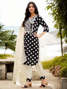 Gahan - Cotton Polka Dot Printed with Lace Work Black Kurta Salwar & Dupatta (Set of 3)