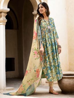 Gahan - Viscose Rayon Floral Printed with Lace Blue Alia Cut Kurta Pant & Dupatta (Set of 3)