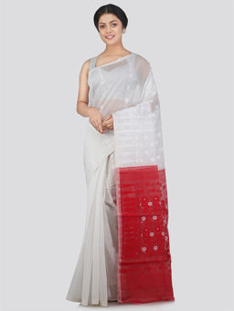 PinkLoom - Womens Soft Cotton Blend Jamdani Saree without Blouse -White