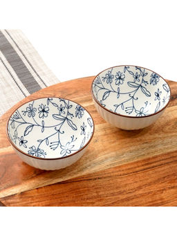 Femora - White Modern Stylized Floral Pattern Ceramic Bowls (Pack of 2)