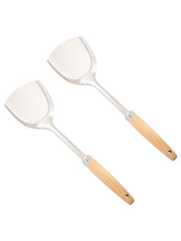 NATURALLY YOURS - Silver Stainless Steel Spatula with Wooden Handle (Pack of 2)