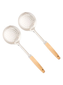 NATURALLY YOURS - Silver Stainless Steel Skimmer with Wooden Handle (Pack of 2)