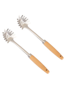 NATURALLY YOURS - Silver Stainless Steel Spaghetti Server with Wooden Handle (Pack of 2)