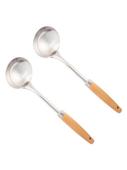NATURALLY YOURS - Silver Stainless Steel Wok Ladle with Wooden Handle (Pack of 2)