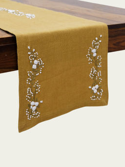 Design Gaatha - Mustard Hand Embroidered Pure Linen Table Runner (4 Seater)
