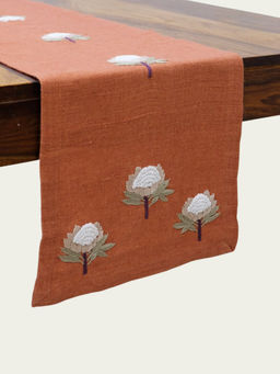 Design Gaatha - Rust Hand Embroidered Pure Linen Table Runner (4 Seater)