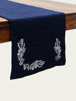 Design Gaatha - Navy Blue Hand Embroidered Pure Linen Dining Table Runner (6 Seater)