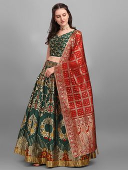 PURVAJA - Women Jacquard Woven Design Stitched Lehenga & Unstitched Blouse With Dupatta (Set of 3)