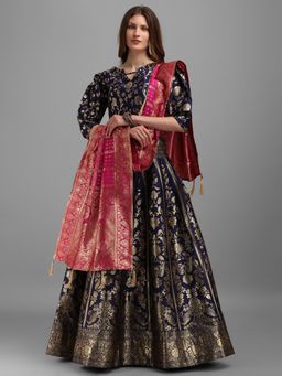 PURVAJA - Women Jacquard Woven Design Stitched Lehenga & Unstitched Blouse With Dupatta (Set of 3)