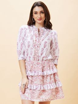 Globus - Women Off-White Floral Print Mandarin Collar Ruffle Casual Fit & Flare Dress