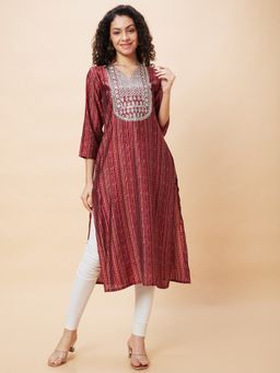 Globus - Women Maroon Ethnic Print V-Neck Straight Kurta With Sequinned Yoke Embroidery