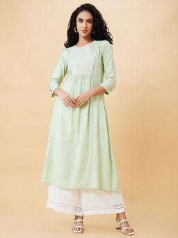 Globus - Women Green Embroidered Round Neck A-Line Kurta