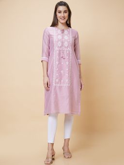 Globus - Women Pink Embroidered Tie-Up Neck Straight Kurta