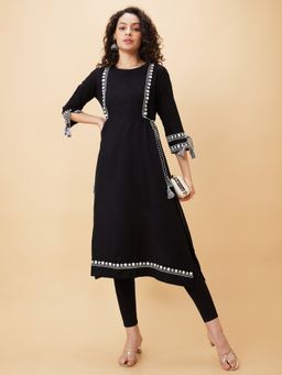 Globus - Women Black Embroidered Round Neck A-Line Kurta
