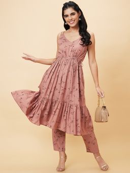 Globus - Women Brown Printed A-Line Kurta With Trouser (Set of 2)