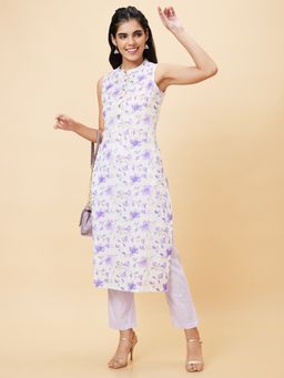 Globus - Women Lilac Printed Straight Kurta With Trouser (Set of 2)