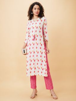 Globus - Women Off White Printed Straight Kurta With Trouser (Set of 2)