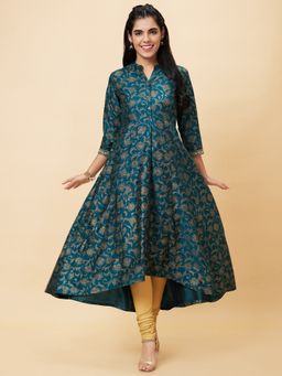 Globus - Women Dark Green Printed Mandarin Collar A-Line Kurta