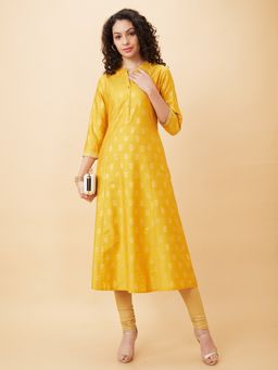 Globus - Women Mustard Printed Mandarin Collar A-Line Kurta