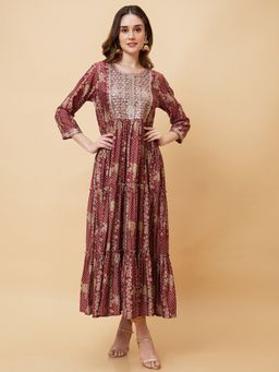 Globus - Women Wine Printed Yoke Sequins Embroidery Tiered A-Line Festive Kurta