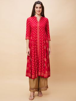 Globus - Women Red Ethnic Motifs Print Mandarin Collar Festive Panelled Anarkali Kurta