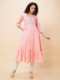 Globus - Peach Ethnic Print Round Neck A-Line Festive Kurta With Yoke Sequinned & Tie Up Details