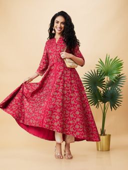 Globus - Women Pink Printed Mandarin Collar A-Line Kurta