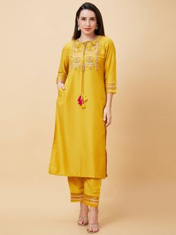 Globus - Women Yellow Floral Yoke Embroidered Tie-Up Neck Festive Kurta With Trouser (Set of 2)