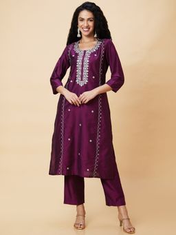 Globus - Women Purple Embroidered Ethnic Motifs Festive Straight Kurta With Trousers